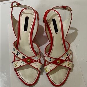 Louis Vuitton Red and White Strappy Sandals with Monogram Detail size 37 1/2